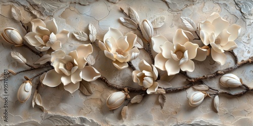 Exquisite White Magnolia Blossoms in a Plaster Relief, Featuring Layers of Waxy Leaves and Ivory Petals in a Delicate Arrangement