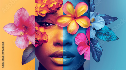 Woman's face elegantly merged with vibrant floral elements in artistic display