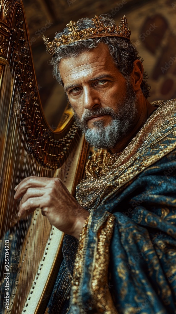 Obraz premium King David playing a harp, biblical character.