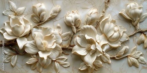 Exquisite White Magnolia Blossoms in a Plaster Relief, Featuring Layers of Waxy Leaves and Ivory Petals in a Delicate Arrangement