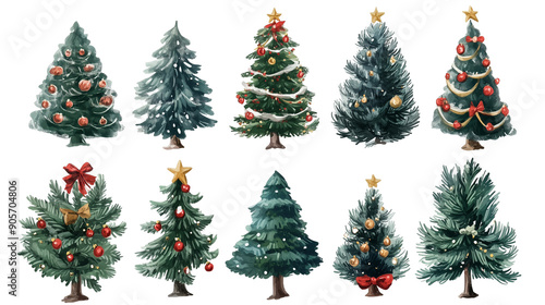 set of handdrawn beautiful decorated christmas tree, isolated on transparent background.  Christmas tree, design element for Christmas card, Christmas greeting card, invitation card.