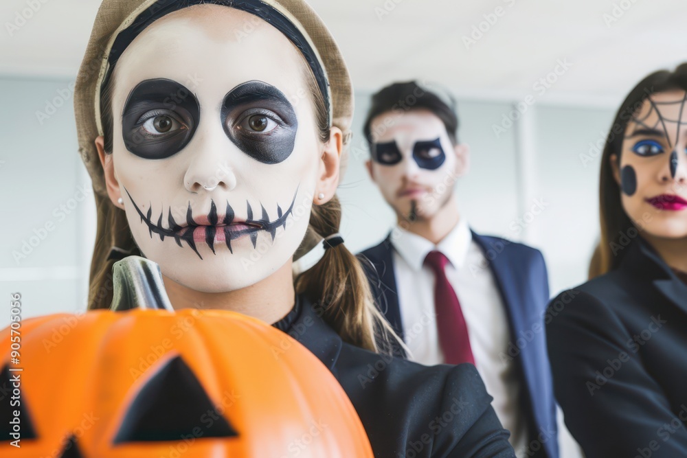 Halloween Costume Party in Office With Painted Faces and Pumpkin Halloween Costume Party in Office With Painted Faces and Pumpkin