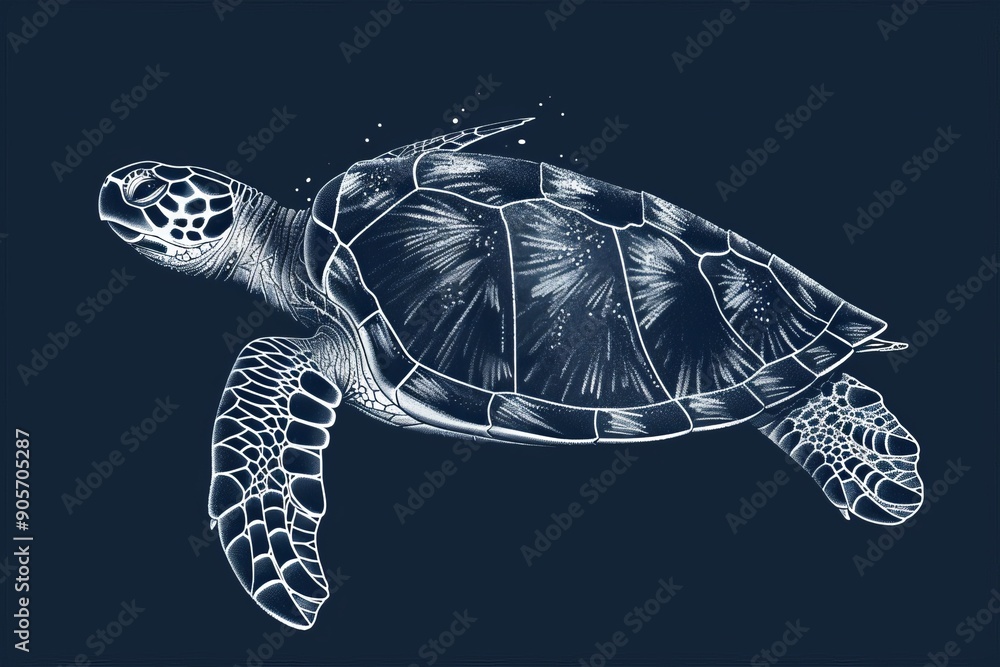 Obraz premium White line drawing of a sea turtle swimming underwater on a dark blue background.