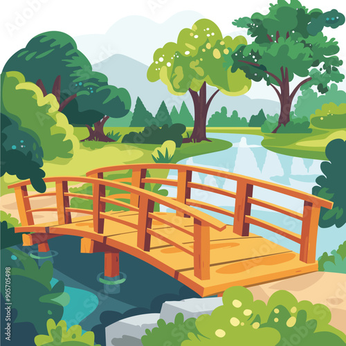 Wooden bridge crossing serene pond, lush green trees, foliage, mountain range distant. Peaceful park setting, calming nature walk, sunny day. Vividly illustrated landscape, vibrant greenery
