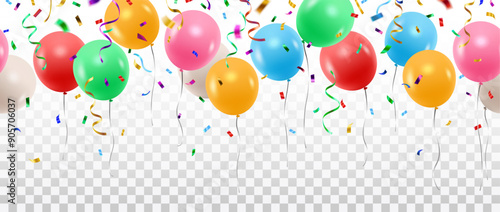 Vector colorful party balloons, confetti and streamers seamless pattern decorative border isolated on transparent background