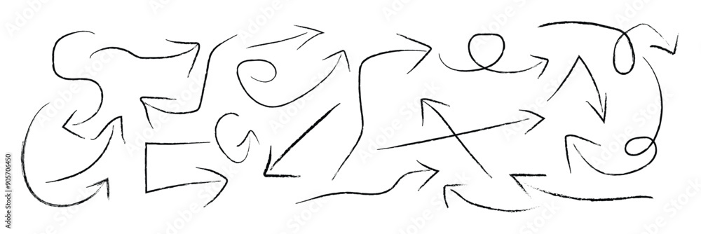 Obraz premium Grunge arrow vector set. Grunge arrow brush drawn. set of chalk pencil, brush stroke arrows. various charcoal arrows. Hand drawn doodle arrow symbols vector.
