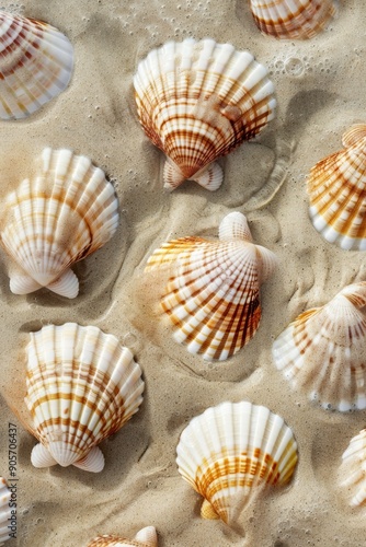 Scallop Shells Pattern in the Sand Under Water, Neutral Colors, Close Up Detail, Abstract Background Generative AI