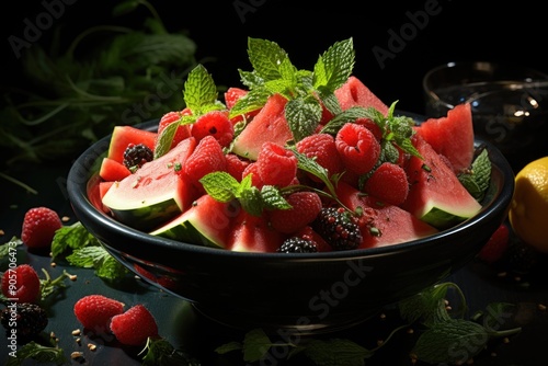 A bowA bowl of watermelon and mint, generative IAl of ice cream with a slice of watermelon on top., generative IA photo