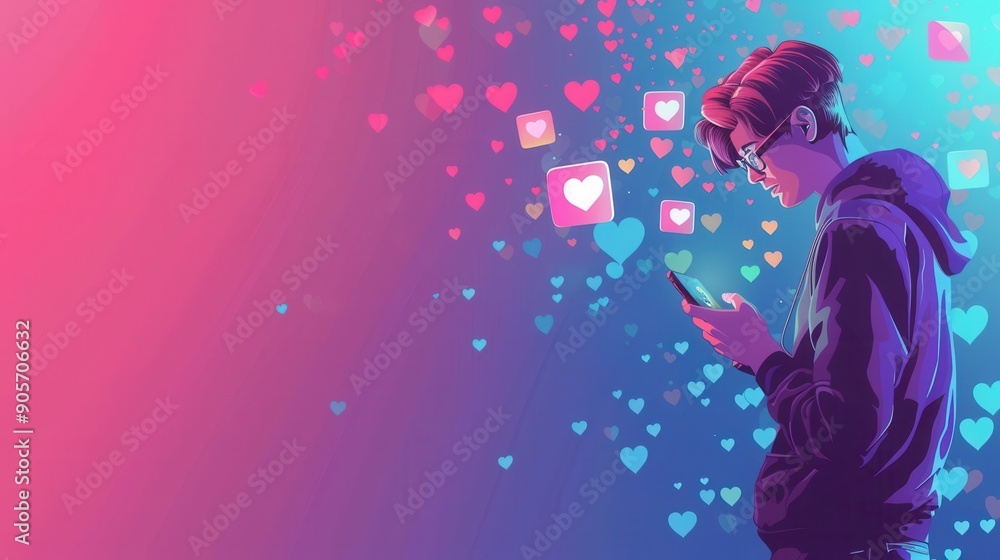 A man is focused on his smartphone as colorful social media likes icons float around him in a vibrant atmosphere. Generative AI A man is focused on his smartphone as colorful social media likes icons float around him in a vibrant atmosphere. Generative AI