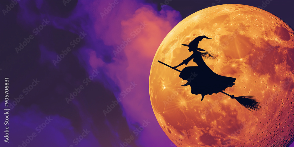 silhouette of a witch flying on a broomstick across a full moon, halloween theme wallpaper, space for text silhouette of a witch flying on a broomstick across a full moon, halloween theme wallpaper, space for text