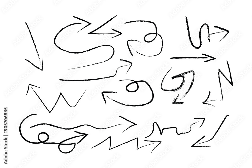 Sketchy arrow with pen, crayon, and chalk effects. Hand drawn style with brush and pencil strokes. Charcoal arrows icons. Flat vector illustration isolated on white background. Sketchy arrow with pen, crayon, and chalk effects. Hand drawn style with brush and pencil strokes. Charcoal arrows icons. Flat vector illustration isolated on white background.