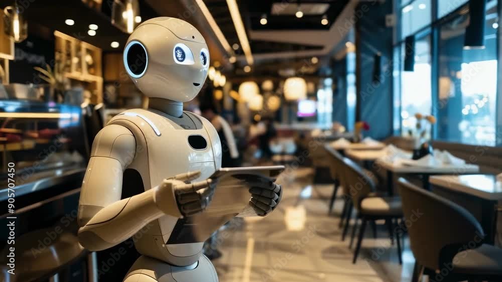 A humanoid robot waiter holding a tablet serves in a modern Japanese restaurant during the evening. The well-lit, elegant setting features patrons dining, showcasing advanced technology in A humanoid robot waiter holding a tablet serves in a modern Japanese restaurant during the evening. The well-lit, elegant setting features patrons dining, showcasing advanced technology in