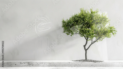 Vibrant green tree growing against a minimalist concrete wall during daylight hours photo