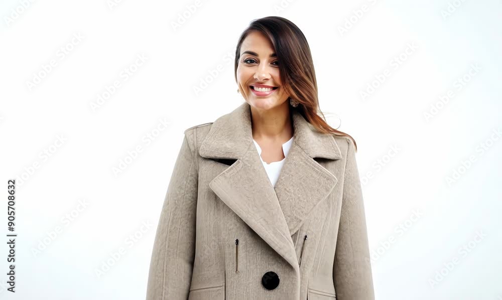 Lifestyle portrait video of a grinning woman in her 40s that is wearing a versatile overcoat against a white background Lifestyle portrait video of a grinning woman in her 40s that is wearing a versatile overcoat against a white background