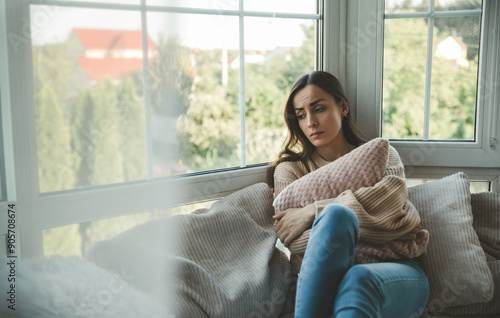 Sad, depressed, frustrated, angry, lonely, emotional young woman with severe stress and mental problem, disease, headache, illness, divorce, victim of violence. Female sitting on big window sill Free Download Sad, depressed, frustrated, angry, lonely, emotional young woman with severe stress and mental problem, disease, headache, illness, divorce, victim of violence. Female sitting on big window sill - GFXLoad
