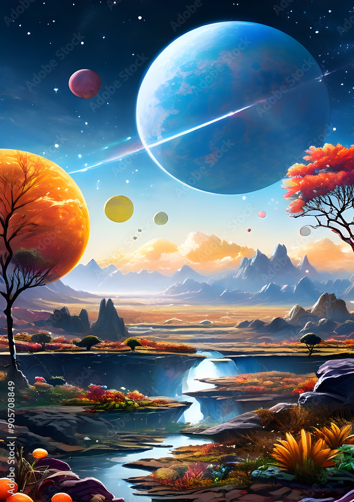 Fototapeta premium Watercolor depiction of multiple planets