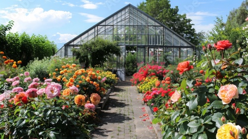 A lush garden filled with blooming roses in various colors surrounds a large greenhouse under a clear blue sky.