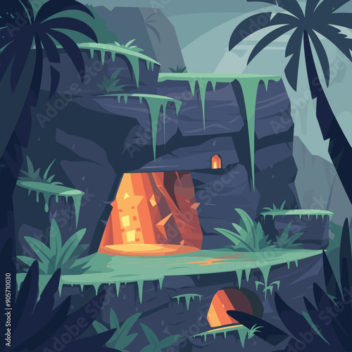 Mysterious tropical cave entrance glowing golden light animated jungle landscape thick vegetation palm trees. Hidden underground lair surrounded lush greenery vinecovered rock formations adventure