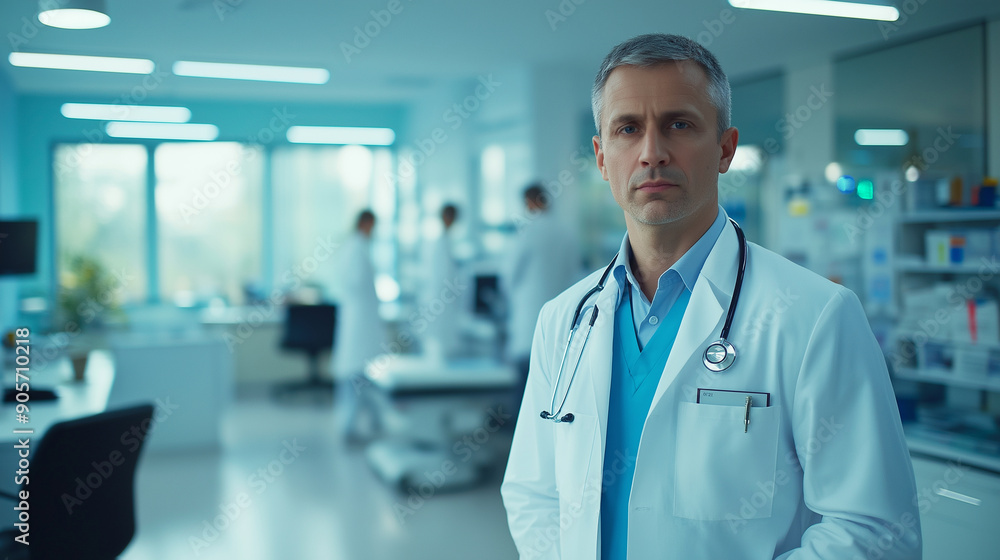 A doctor in a white coat, standing confidently in a medical office A doctor in a white coat, standing confidently in a medical office