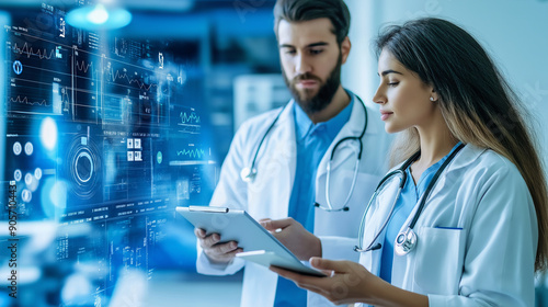 A doctor and patient reviewing health data together on a digital device