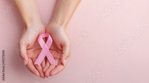An open palm cradles a pink ribbon symbolizing breast cancer awareness.
