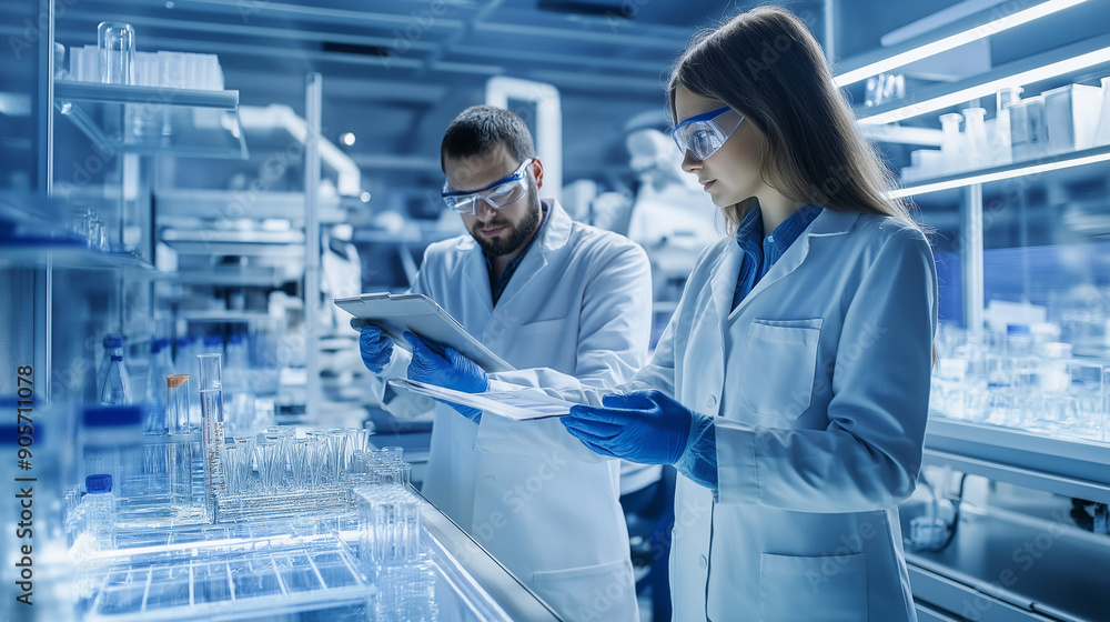 A technologist and production worker wearing lab coats, discussing a new drug formula A technologist and production worker wearing lab coats, discussing a new drug formula