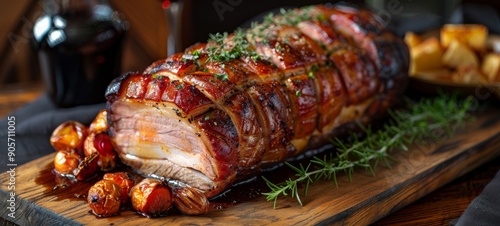 Suckling Pig. Young pig roasted whole to achieve crispy skin and tender meat, served on a rustic wooden board with roasted vegetables.