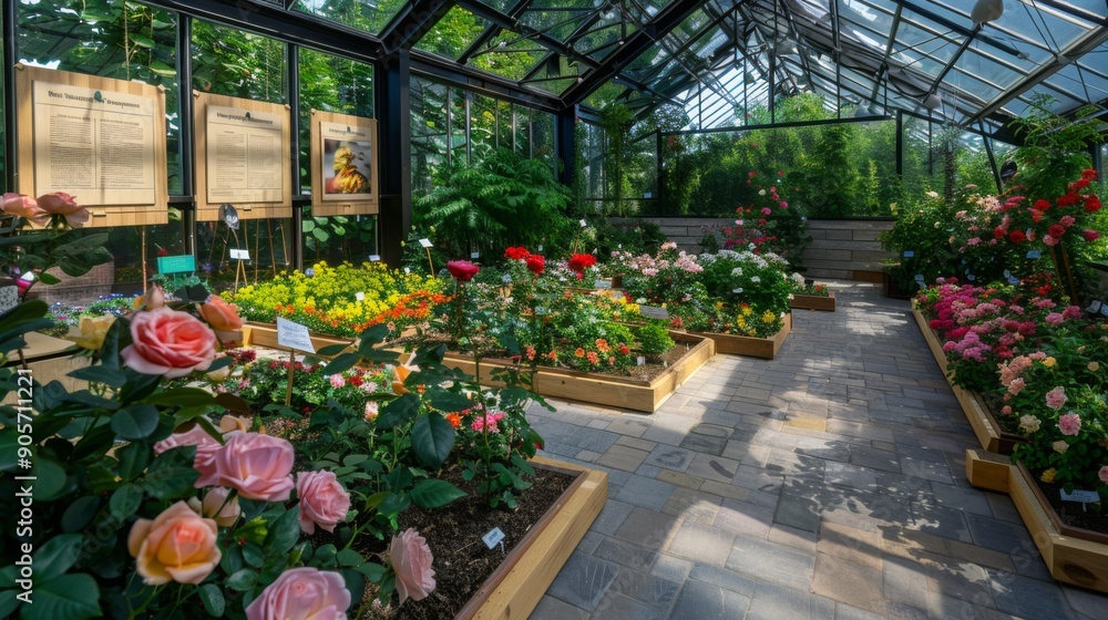 Colorful blooming roses fill a spacious greenhouse, showcasing various rose varieties amid lush greenery and natural sunlight. Colorful blooming roses fill a spacious greenhouse, showcasing various rose varieties amid lush greenery and natural sunlight.