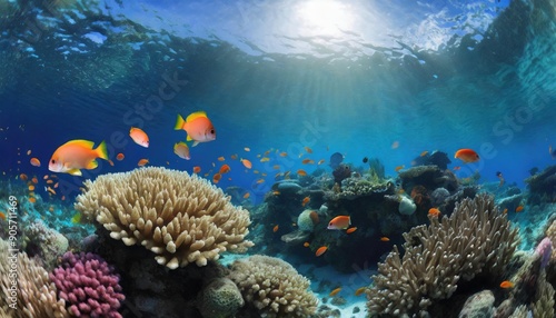 Fototapeta Naklejka Na Ścianę i Meble -  underwater coral reef landscape wide panorama background in the deep blue ocean with