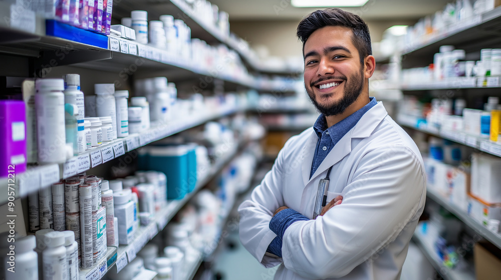 A technologist smiling in front of a shelf filled with pharmaceutical products A technologist smiling in front of a shelf filled with pharmaceutical products