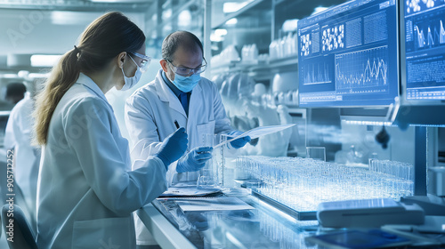 A worker and technologist discussing the latest advancements in drug production