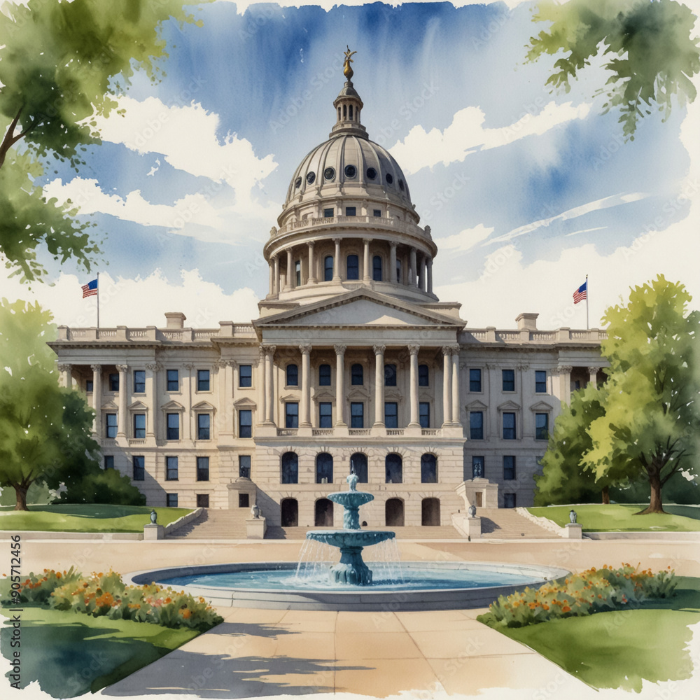 Obraz premium A stunning watercolor illustration of the Kansas State Capitol in Topeka, Kansas, he impressive architecture of the Capitol building, highlighting its grand dome and neoclassical design with detailed