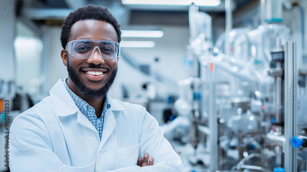 A technologist smiling confidently in front of production machinery A technologist smiling confidently in front of production machinery
