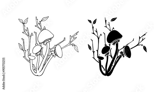 Sketch, silhouette of botanical compositions with autumn mushrooms and forest plants, conifers, dry leaves. Vector graphics.