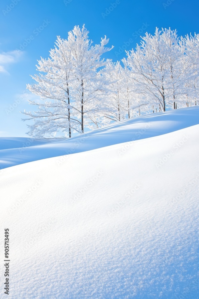 Snow covered landscape with frosty trees under clear blue sky in winter Snow covered landscape with frosty trees under clear blue sky in winter