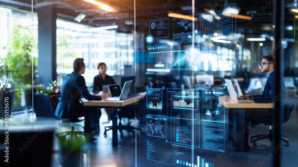 A modern office with open workspaces, overlaid with digital project management icons A modern office with open workspaces, overlaid with digital project management icons