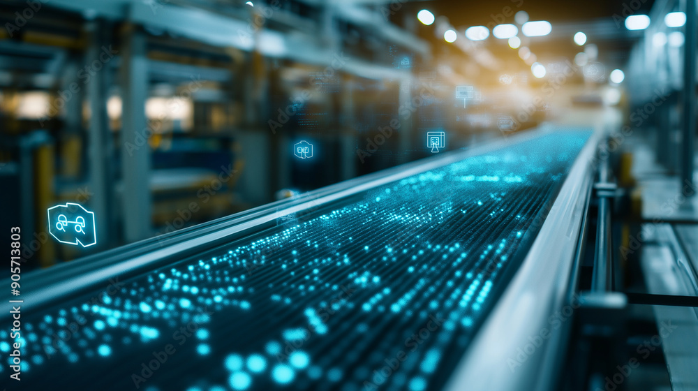 A modern factory with conveyor belts, highlighted by digital quality assurance icons A modern factory with conveyor belts, highlighted by digital quality assurance icons