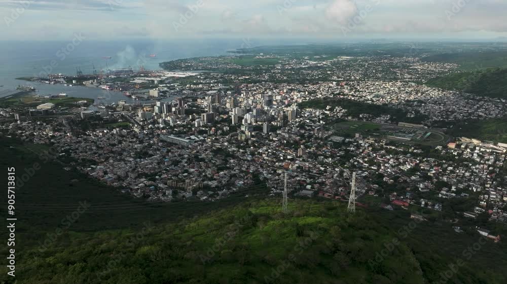 Port Louis, Historic City, Mauritius Island Capital, Extreme wide cinematic drone aerial Port Louis, Historic City, Mauritius Island Capital, Extreme wide cinematic drone aerial