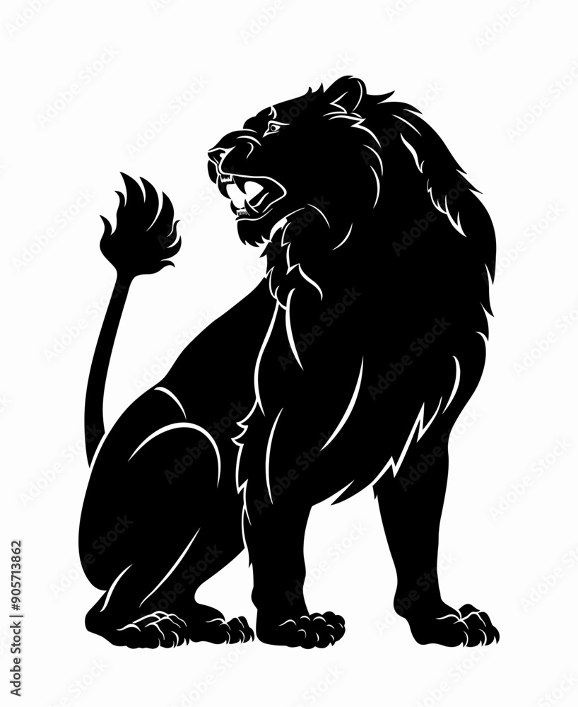 Bold black and white silhouette of a majestic lion in a seated pose ...