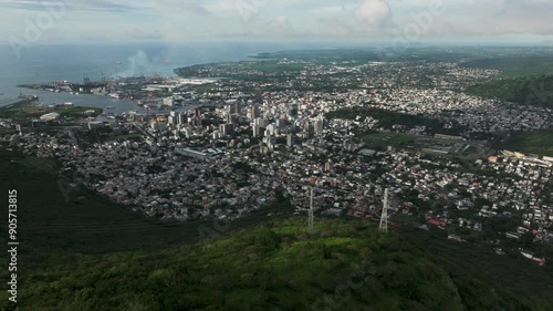 Port Louis, Historic City, Mauritius Island Capital, Extreme wide cinematic drone aerial