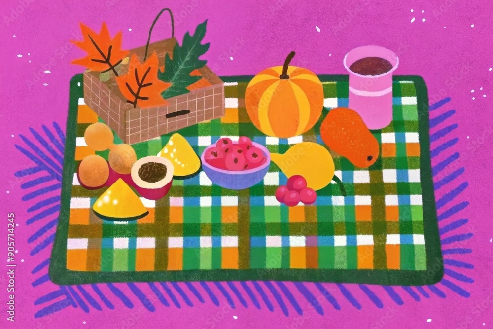 Fototapeta premium A festive autumn picnic with pumpkins, berries, and fall leaves