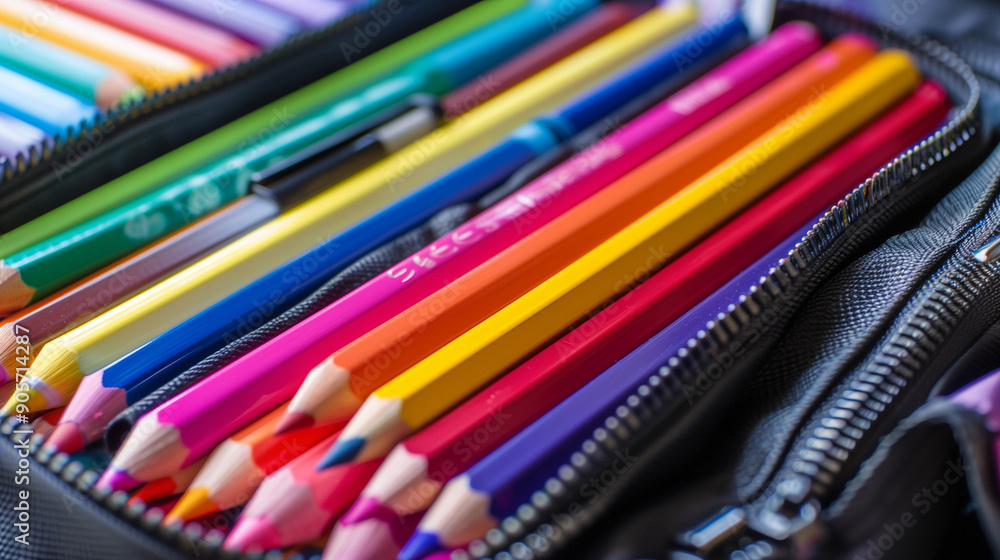 A close-up of brightly colored pencils and pens inside a pencil case, ready for a burst of creativity and artistic exploration. A close-up of brightly colored pencils and pens inside a pencil case, ready for a burst of creativity and artistic exploration.