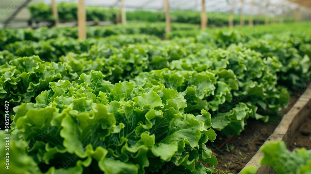 Lush green lettuce growing in well-organized rows in a greenhouse, ideal for promoting healthy eating and organic farming. Lush green lettuce growing in well-organized rows in a greenhouse, ideal for promoting healthy eating and organic farming.
