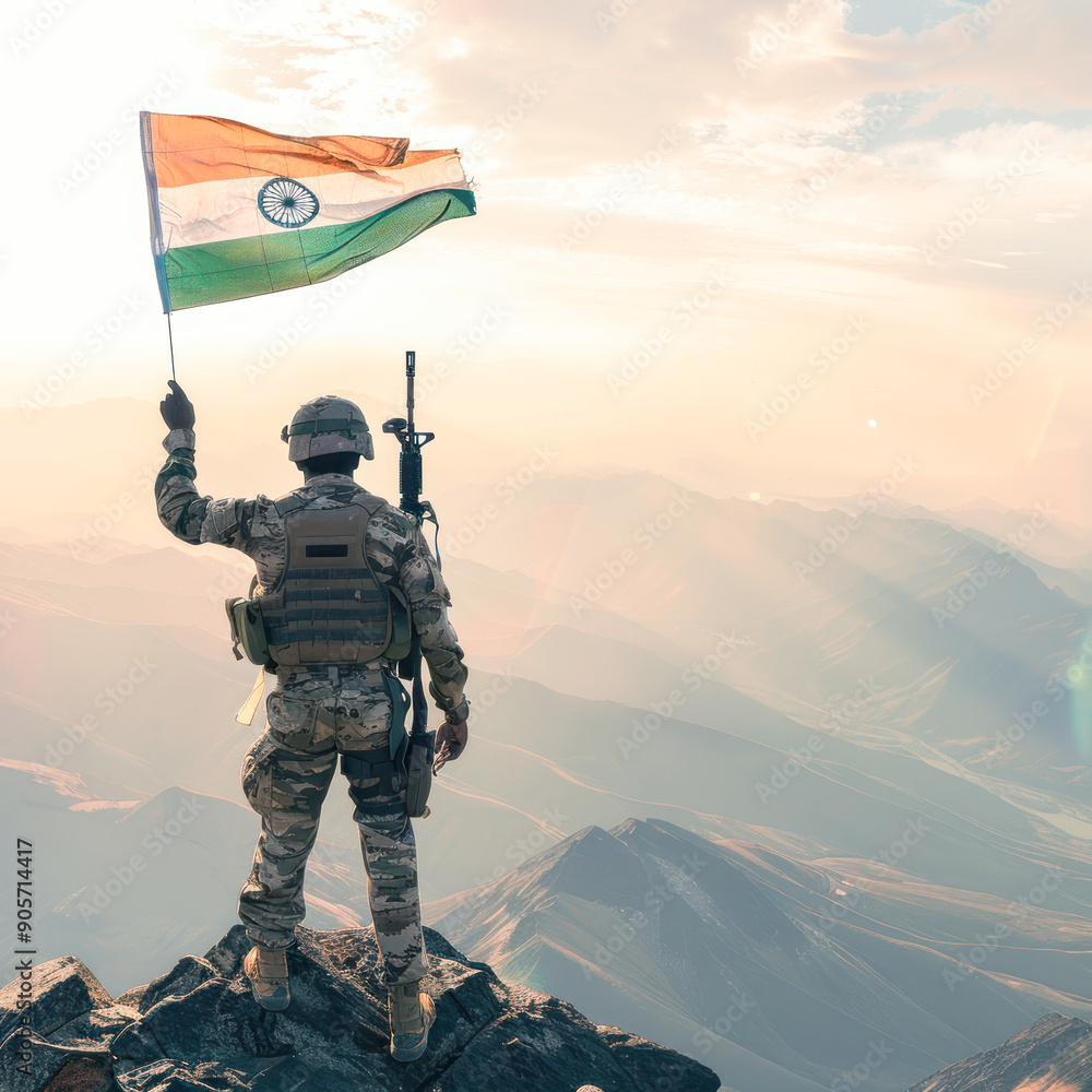 Indian army waving national tricolor flag on mountain Indian army waving national tricolor flag on mountain