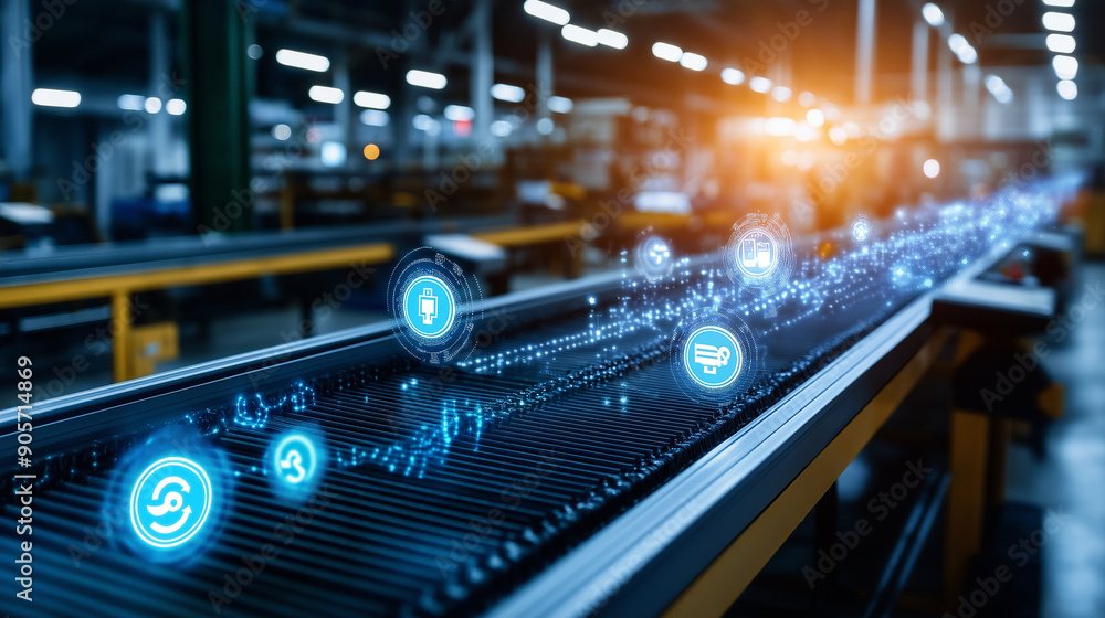 A modern factory with conveyor belts, with digital quality assurance icons A modern factory with conveyor belts, with digital quality assurance icons