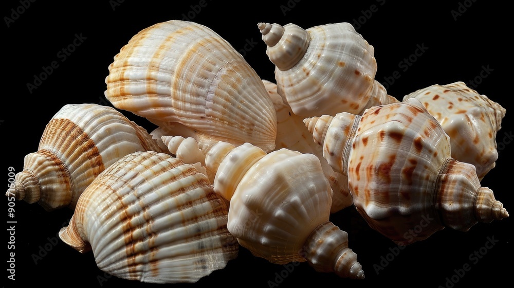 White and beige seashells group isolated on black background White and beige seashells group isolated on black background