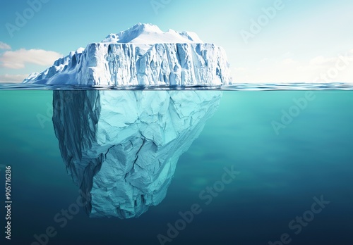 A large iceberg reveals its hidden underwater part in the ocean under blue skies photo