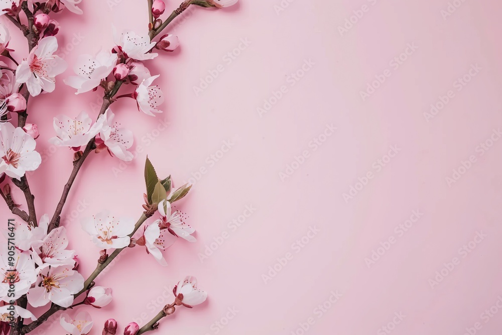 Aesthetic pink background with delicate peach blossom flowers on the left side Aesthetic pink background with delicate peach blossom flowers on the left side