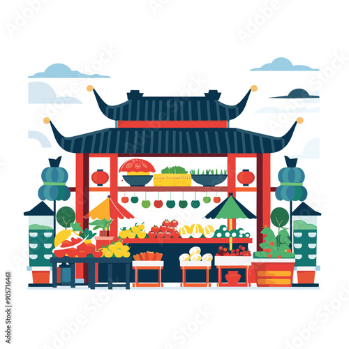 Asian marketplace vegetable fruit shop vivid colors decorative arch traditional roof lanterns various produce display lush greenery bustling market scene rural village stalls isolated white