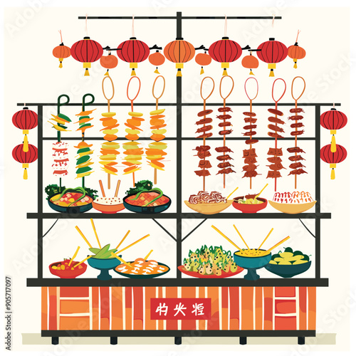 variety skewered foods displayed food market stall decorated traditional red Chinese lanterns. Plates containing meats, vegetables, fruits organized neat, appealing manner. Background includes
